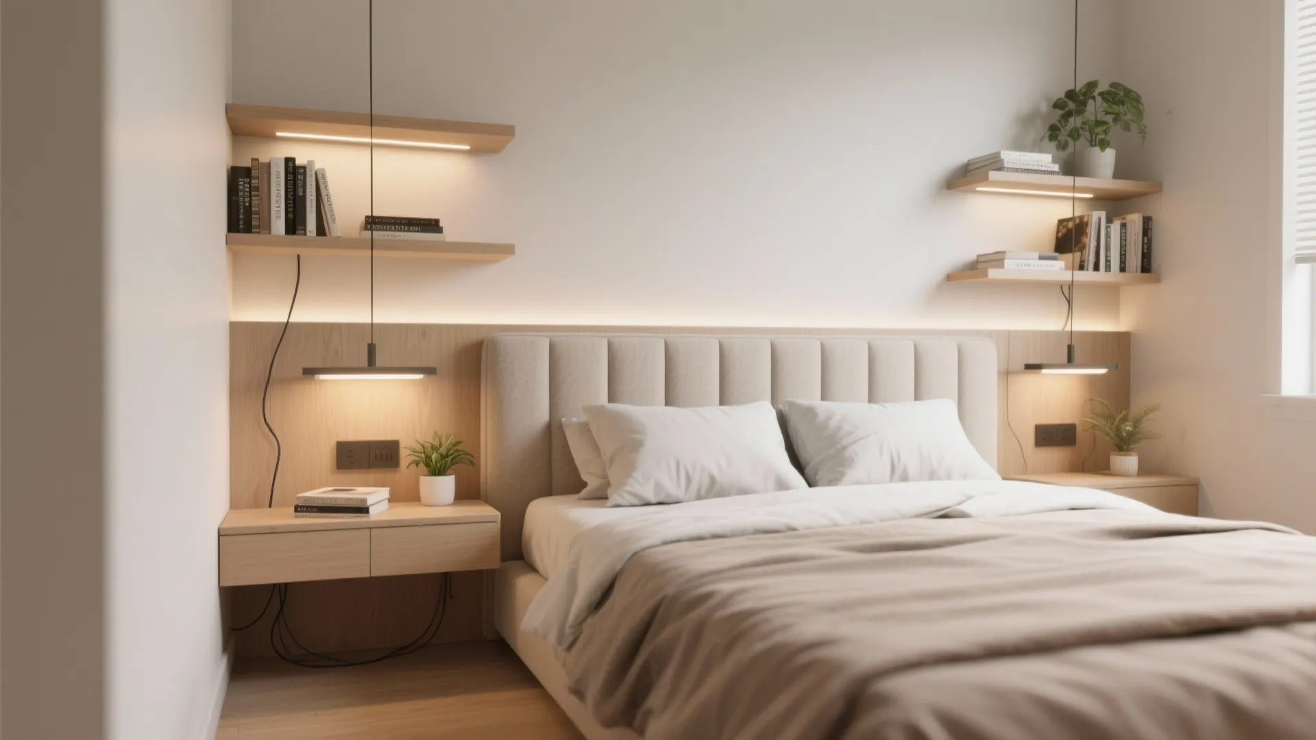 2. Wall-mounted headboard with floating shelves