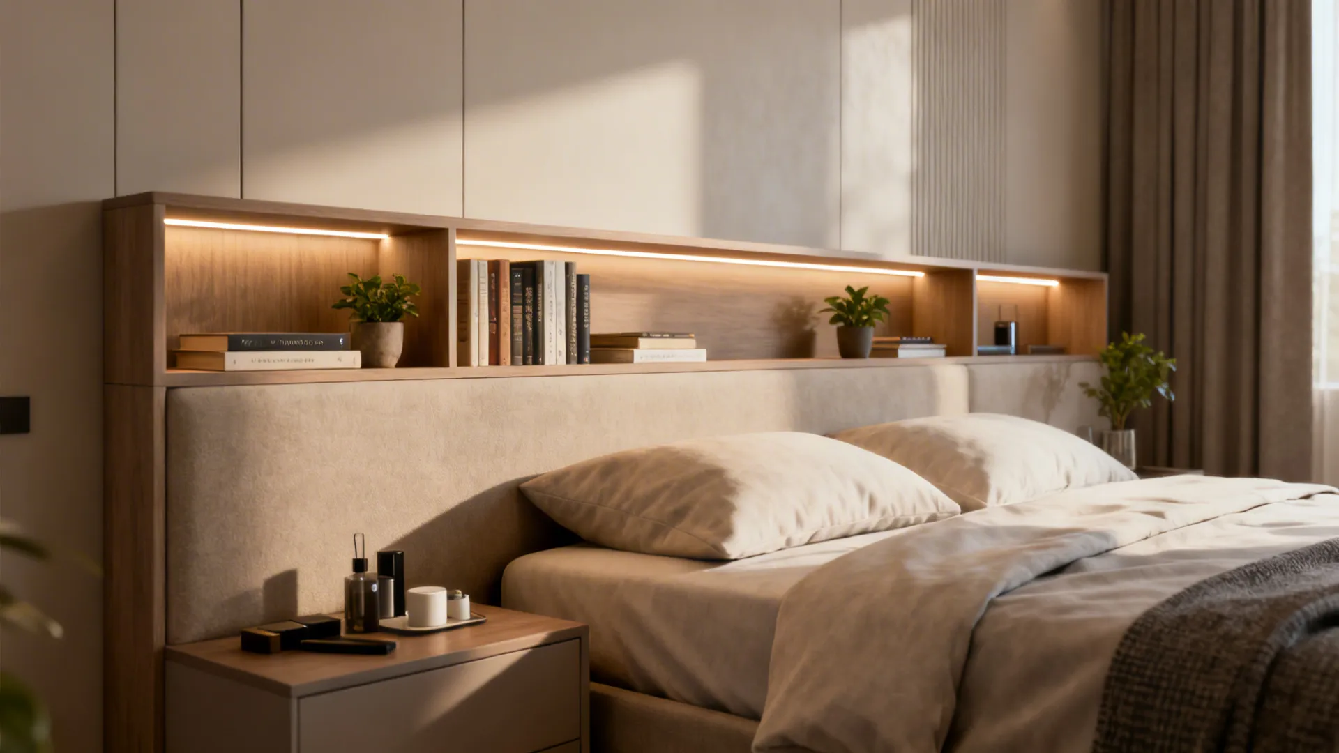 Queen bed with a slim storage headboard containing cubby shelves and integrated LED strips.