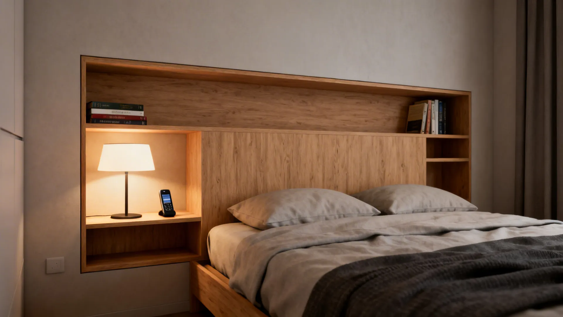 Modern bedroom featuring a bed with wooden headboard shelves a table lamp and some books