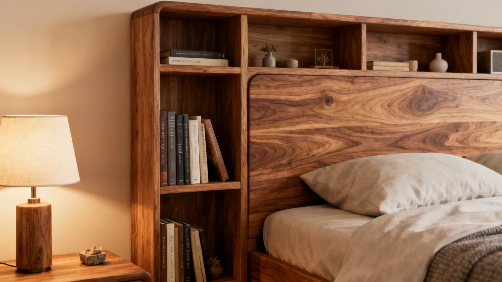 Headboard with integrated shelves holding books, lamp and decor in a compact bedroom