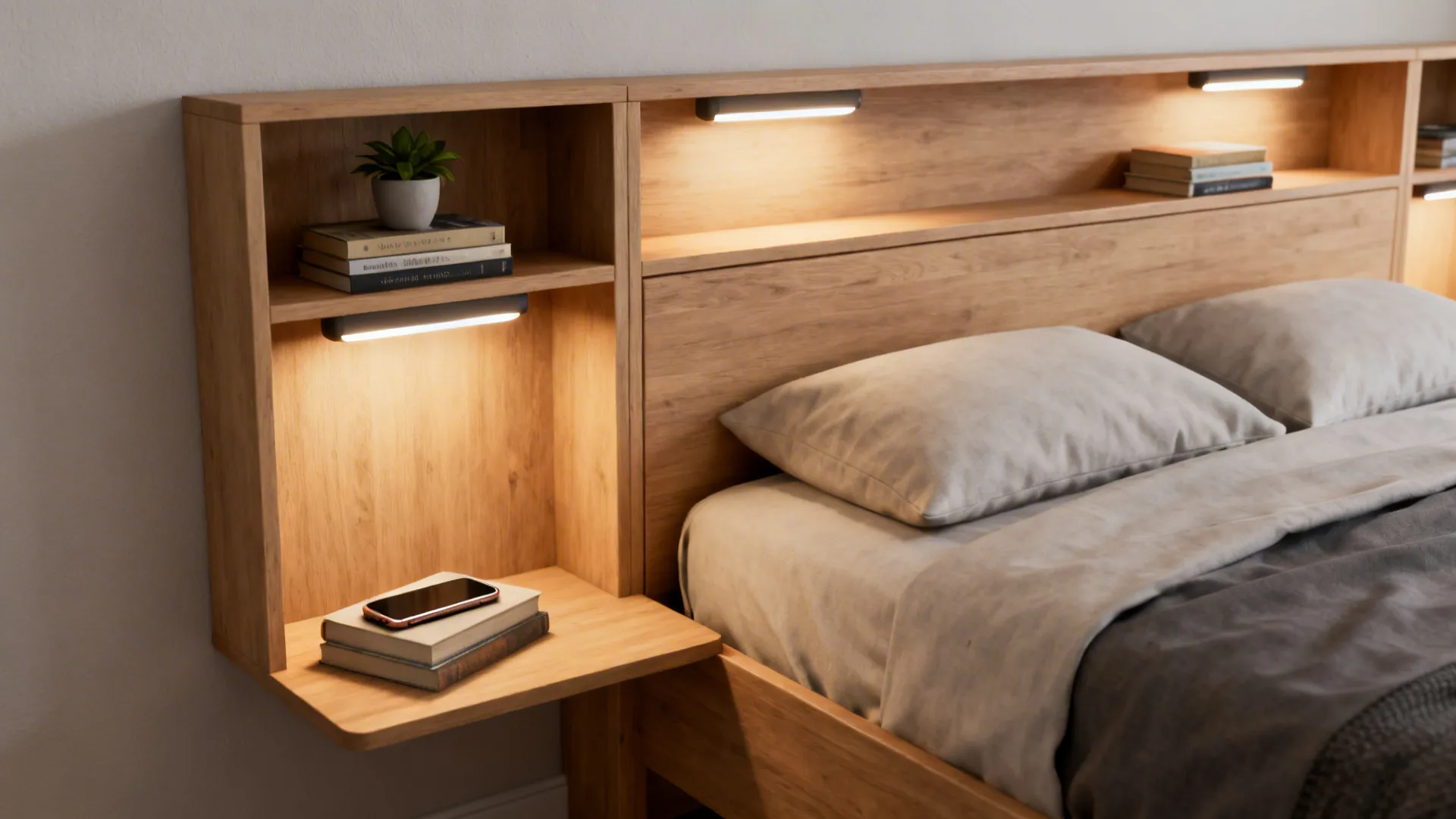 Queen bed headboard with integrated shelving, bedside lighting and small decor.