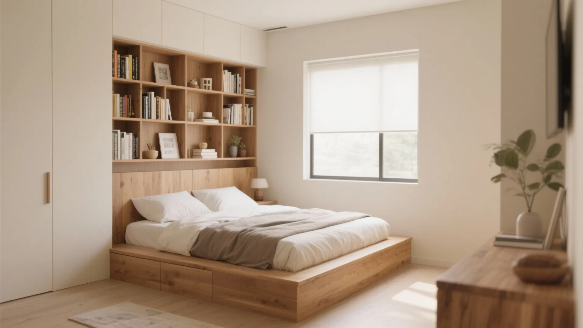 Minimalist bedroom featuring wooden headboard with bookshelves white bedding large window and light wood flooring