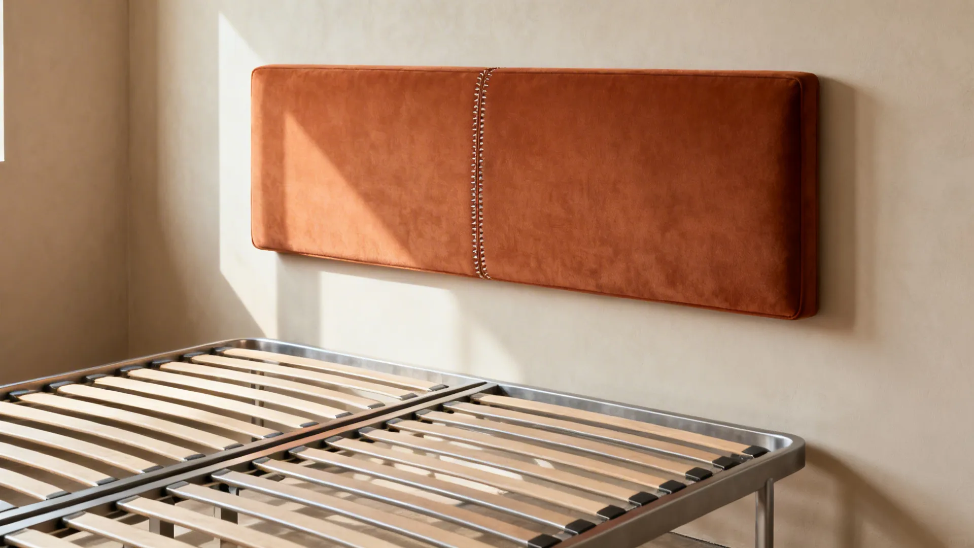 Minimalist bed frame with a large upholstered headboard panel creating a focal point in a small bedroom