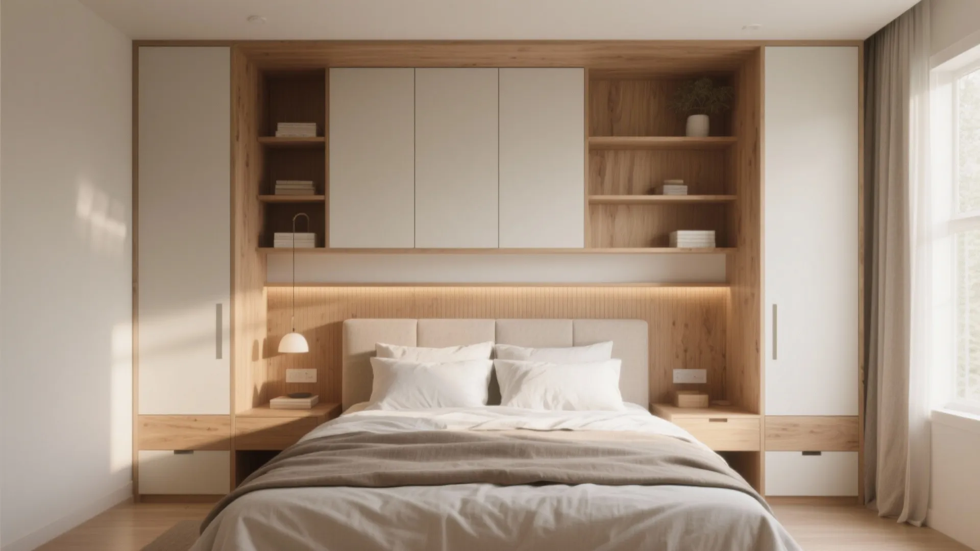 Minimalist bedroom with built-in wooden wall cabinet storage system above bed and white wardrobe doors