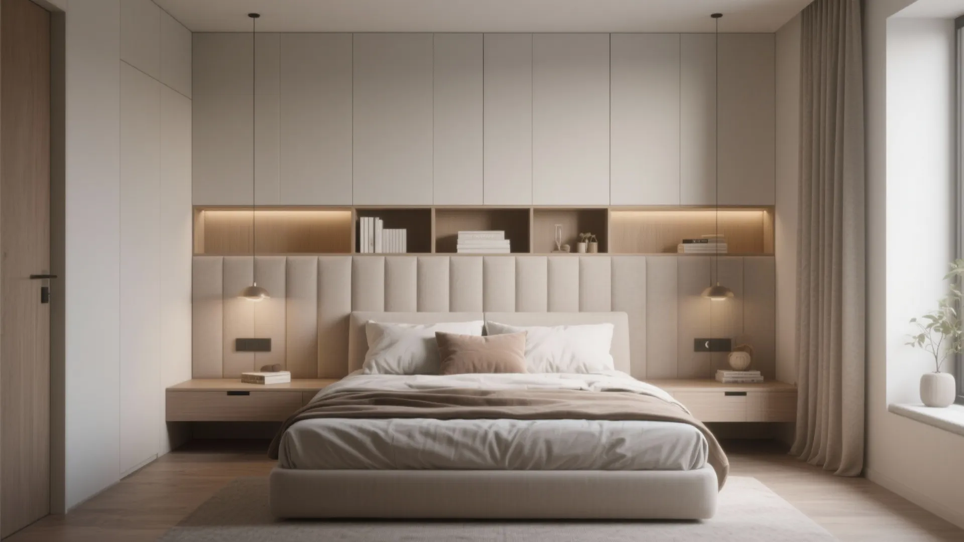Modern bedroom with built in storage wall beige padded headboard hanging lights and wooden floor