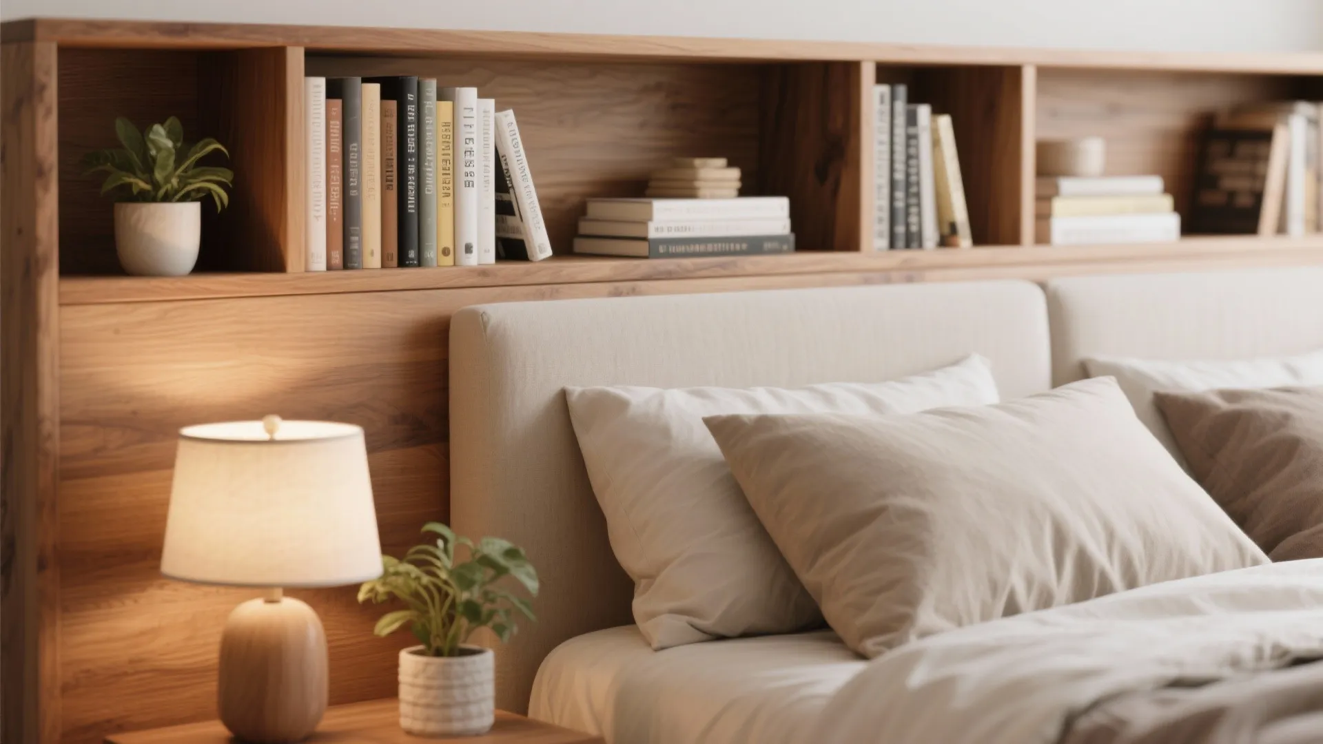 Wooden bed headboard with built-in storage shelves holding books and small plants near a lamp