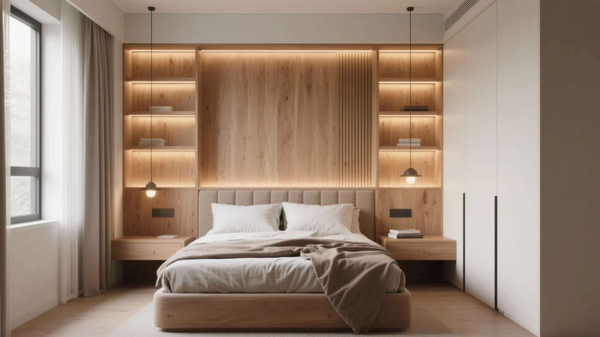 Built-in headboard shelves with integrated light in a cozy bedroom