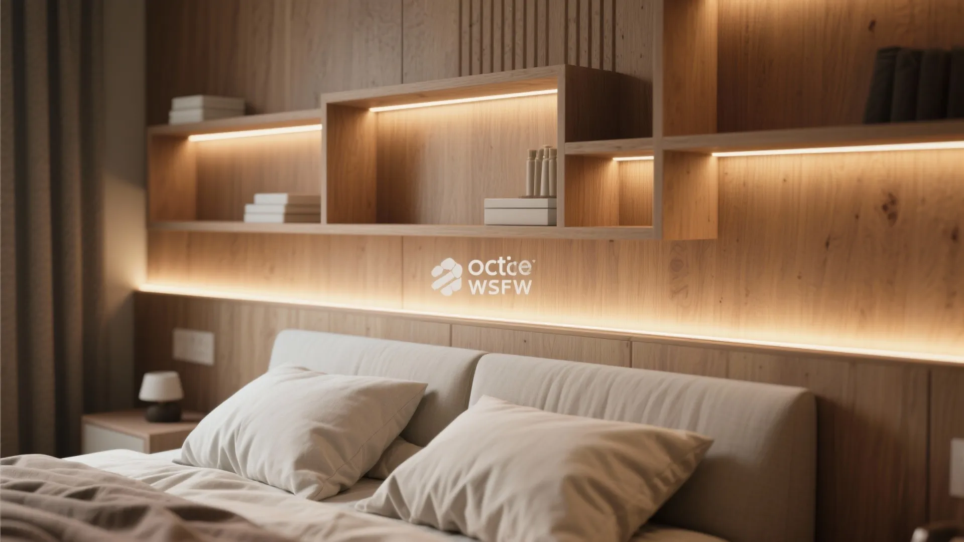 Wooden wall panel with light fixture behind a comfortable bed with soft white pillows displayed