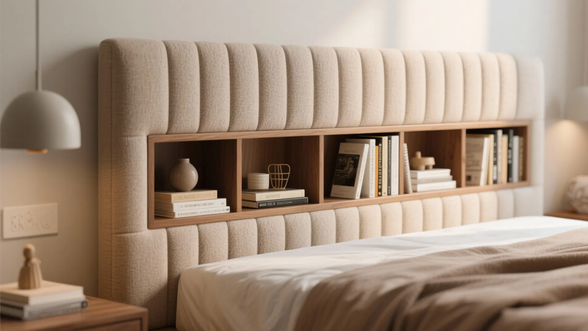 Close up of beige padded bed headboard with built-in wooden shelves holding books and decor.