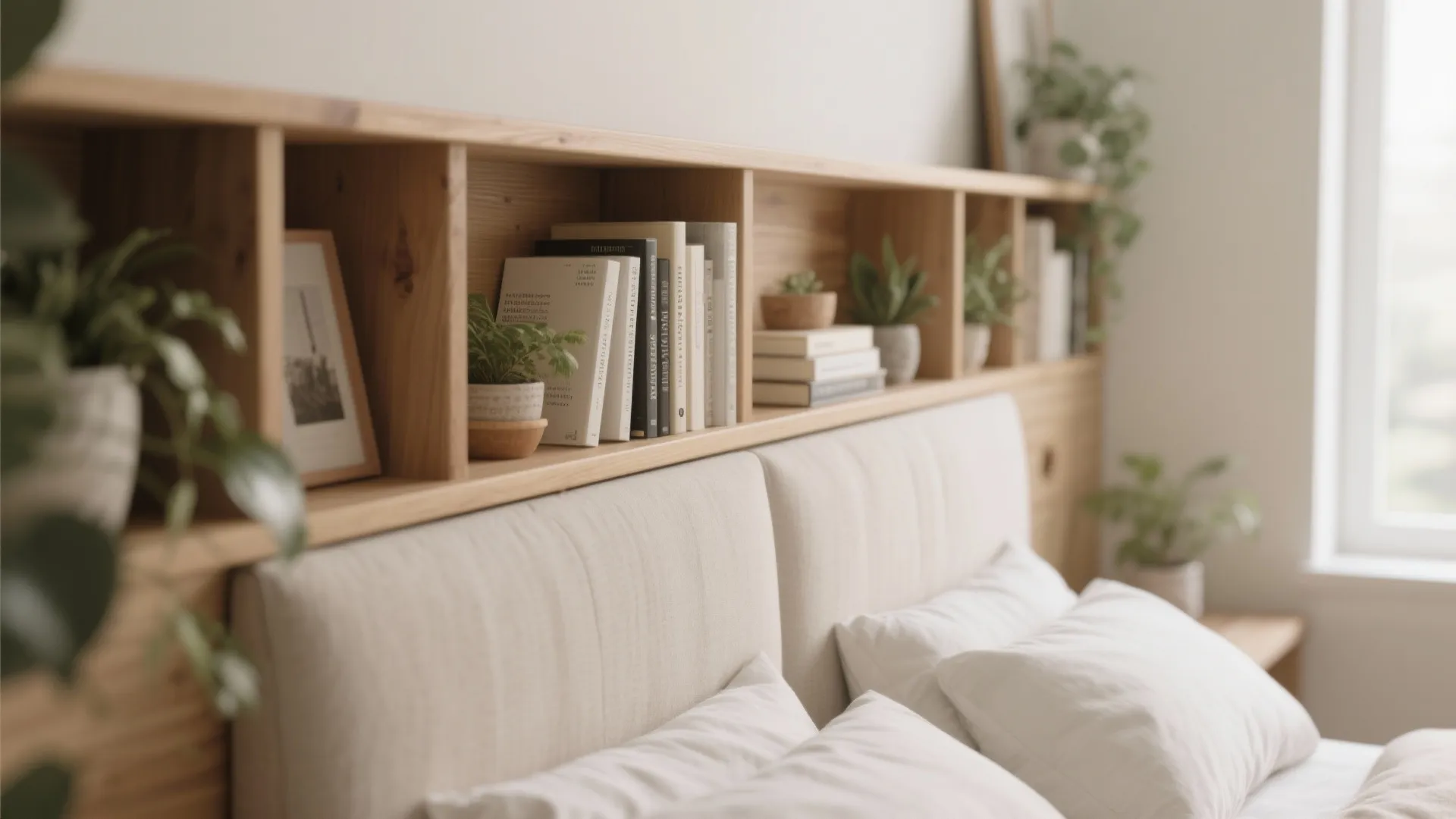 Wooden headboard with built-in storage shelves holding books and green plants above a white bed