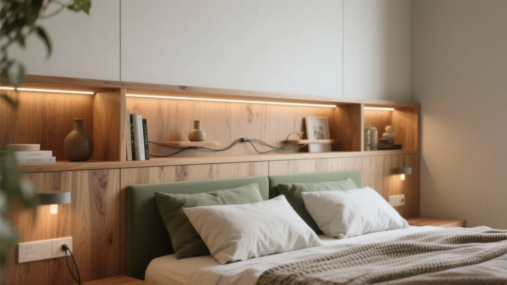 3. Build the headboard into storage and lighting