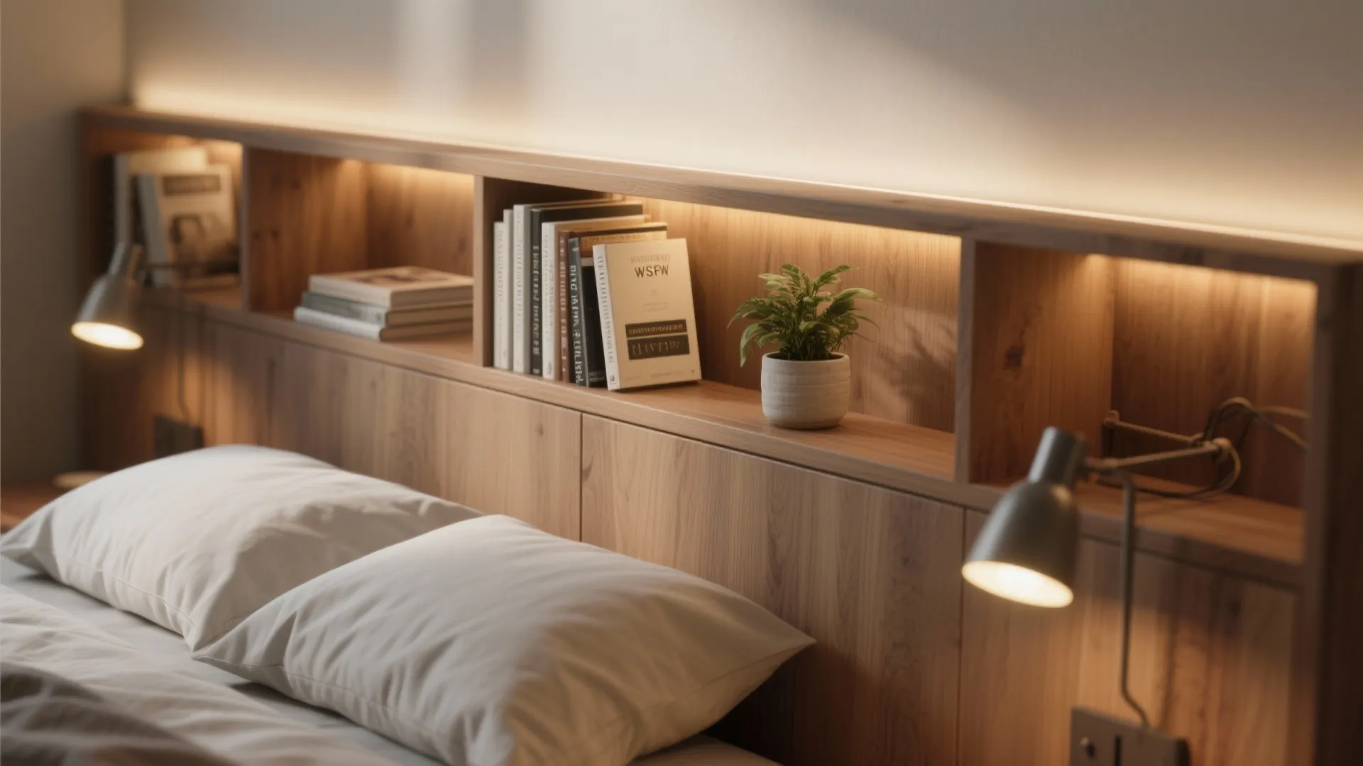 Wooden headboard with built in shelves containing books a small plant and two reading lights