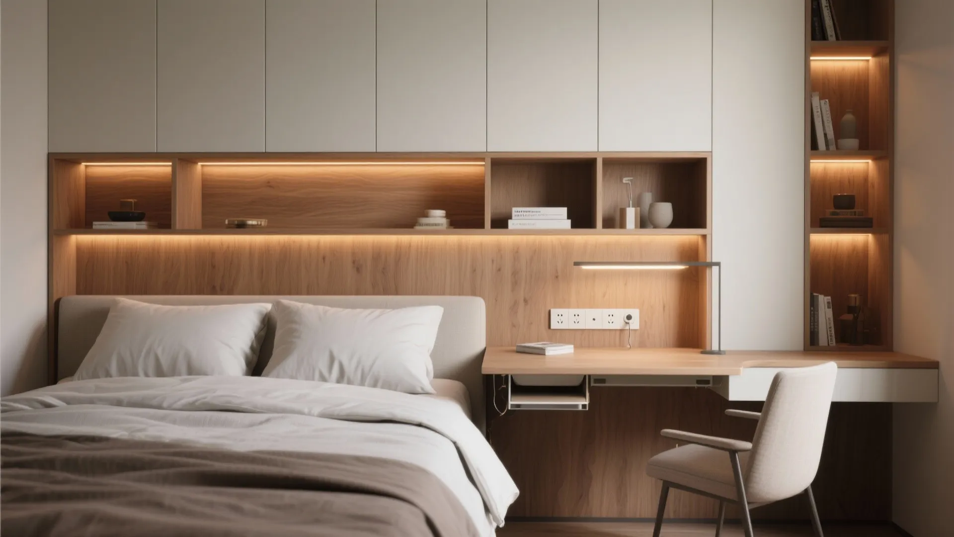 5. Multi-function headboard wall with integrated storage and lighting