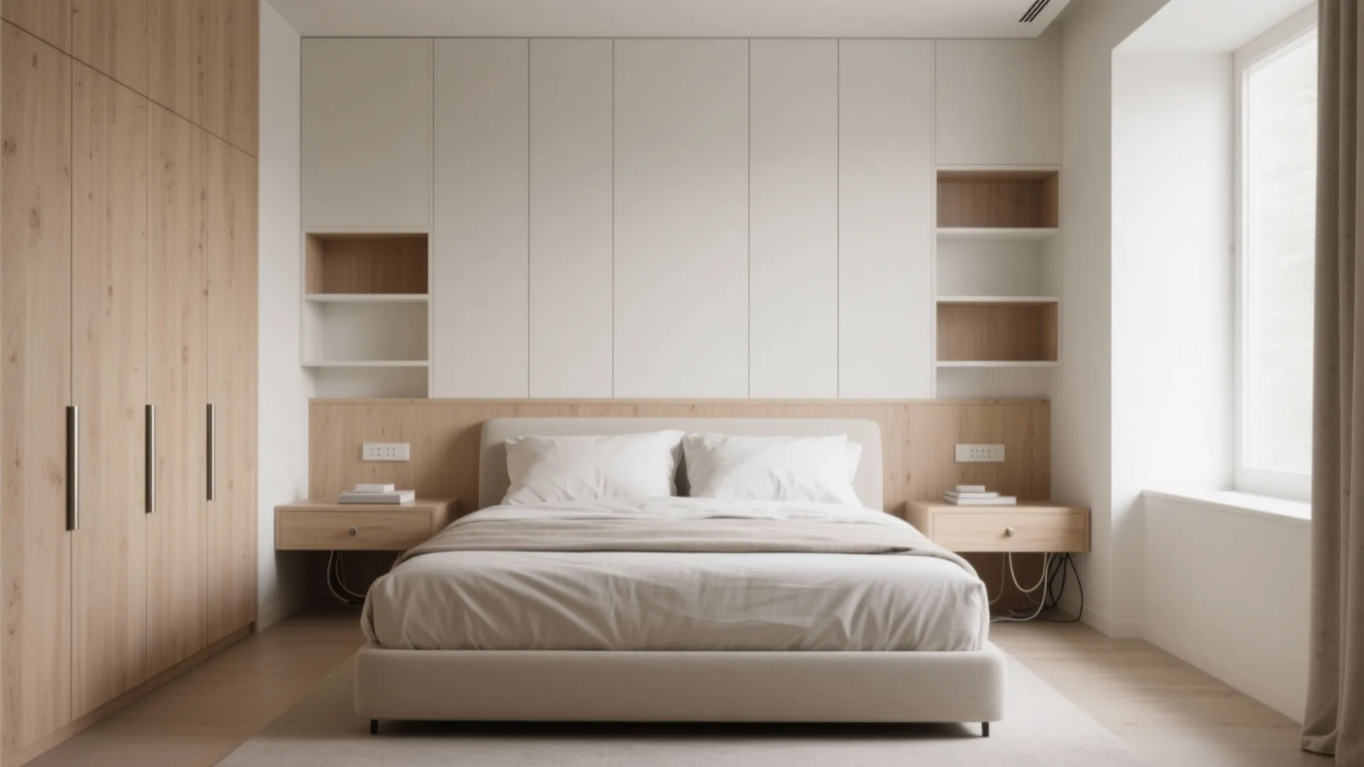 1) Minimalist storage that wraps the headboard