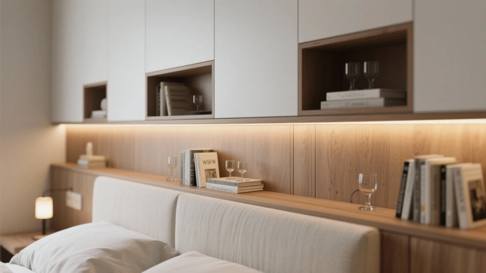 Shared headboard wall with integrated storage