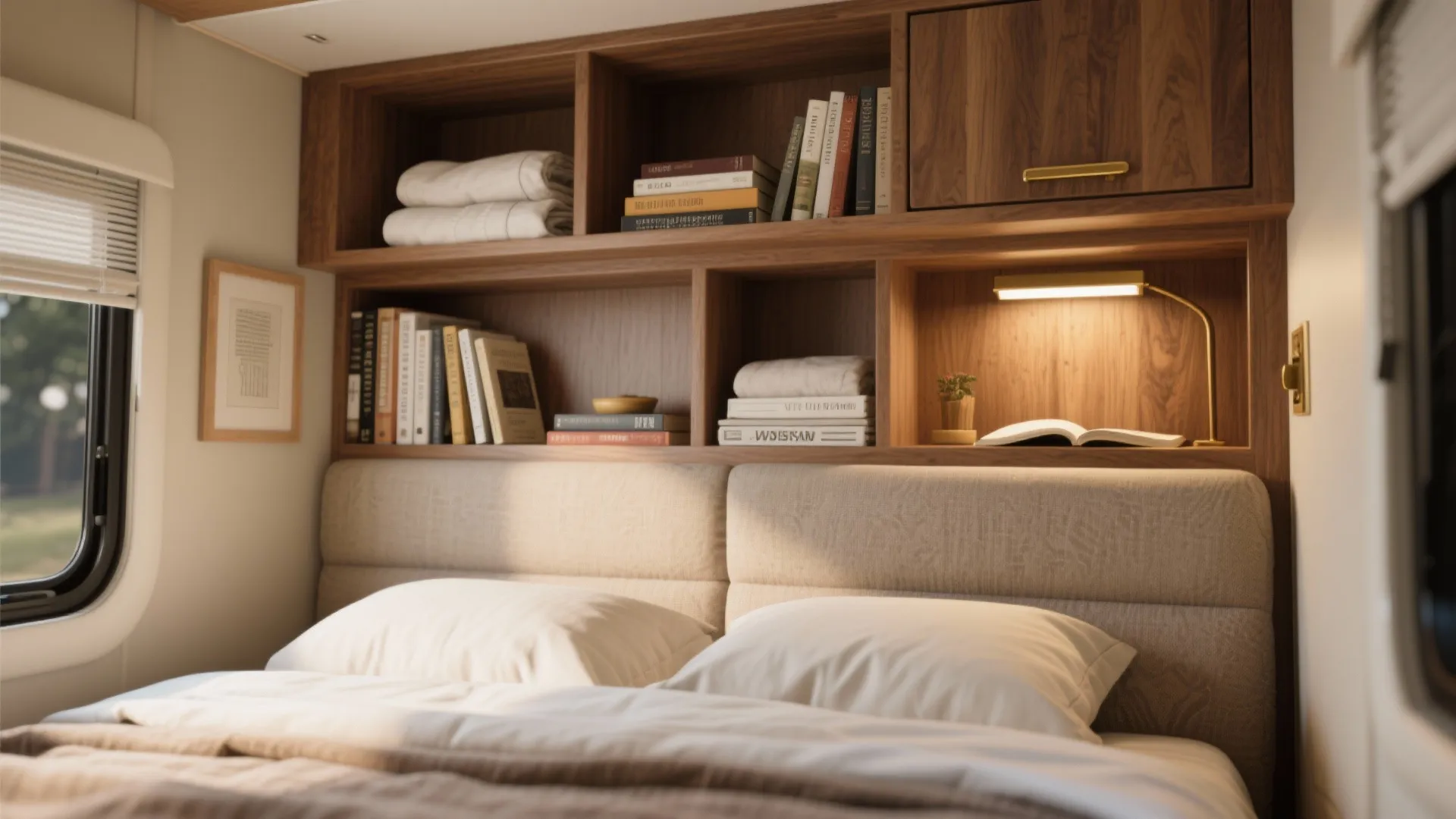 Bedroom interior showing wooden wall cabinet above a bed with books and a reading light