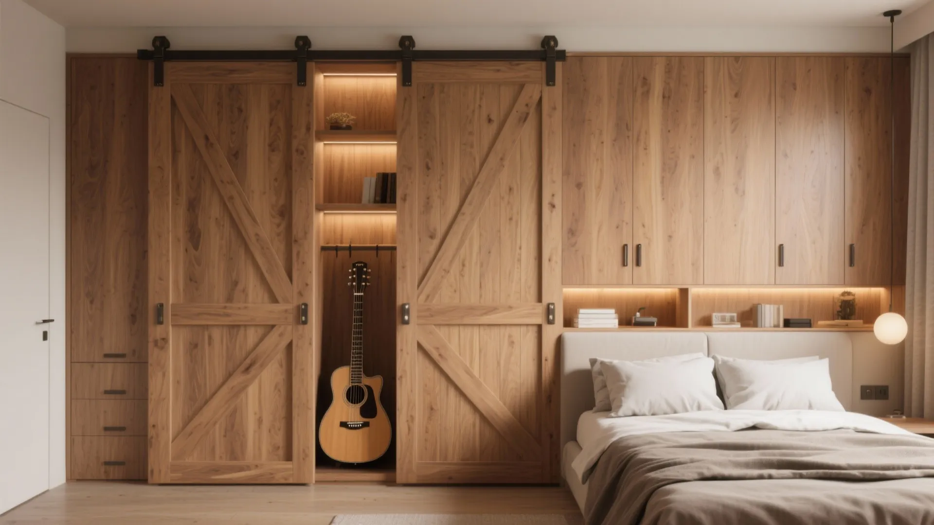 2. Built-in barn door headboard storage