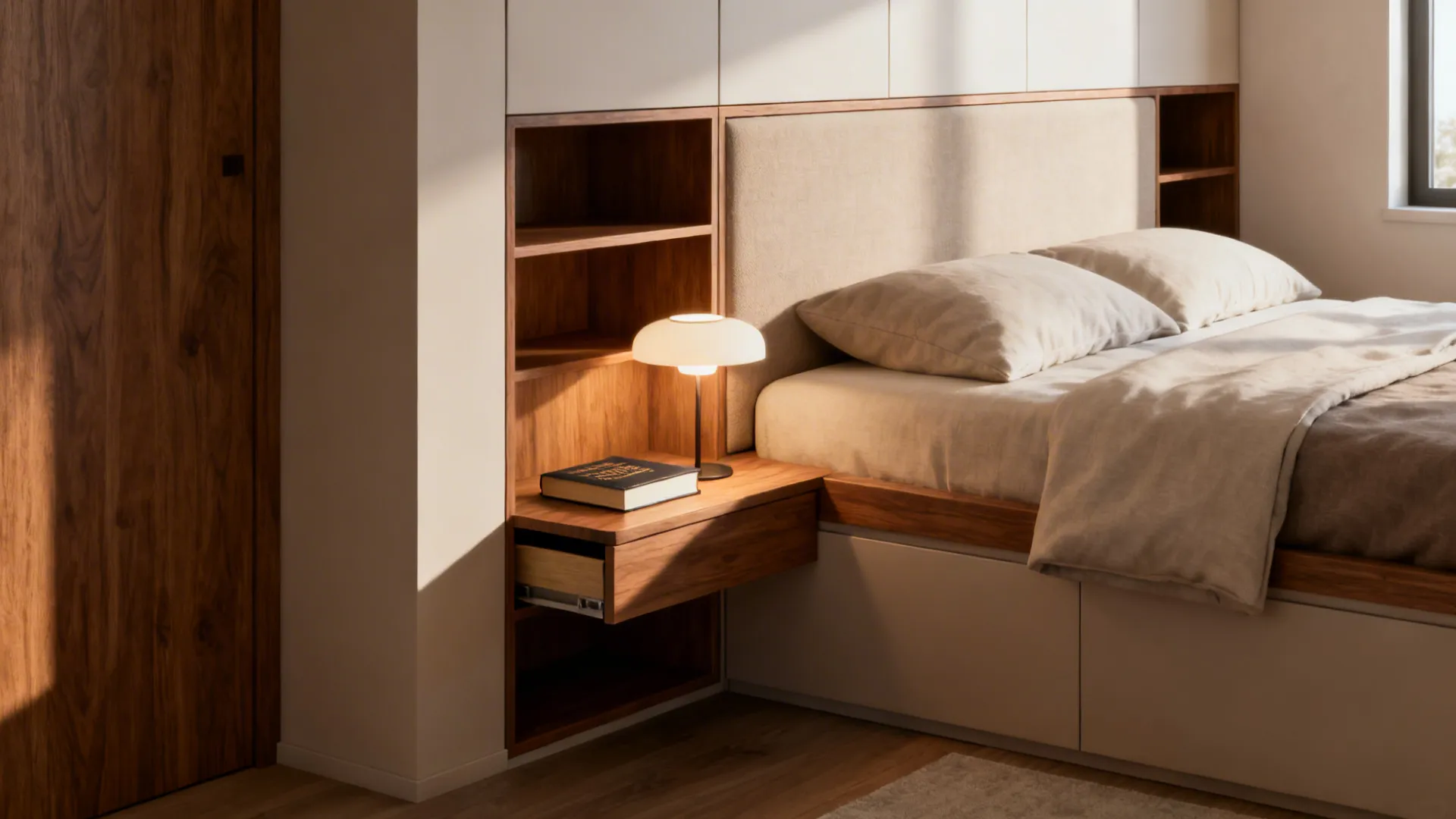 Slim built-in headboard cabinet with recessed cubbies and bedside shelf
