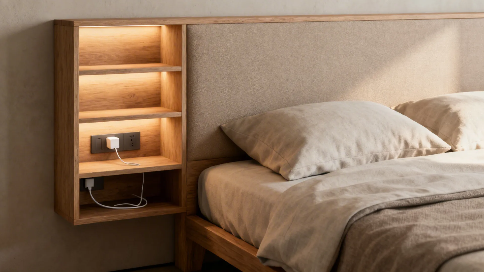 Multifunctional headboard with recessed cubbies and concealed charging niche with soft integrated lighting.