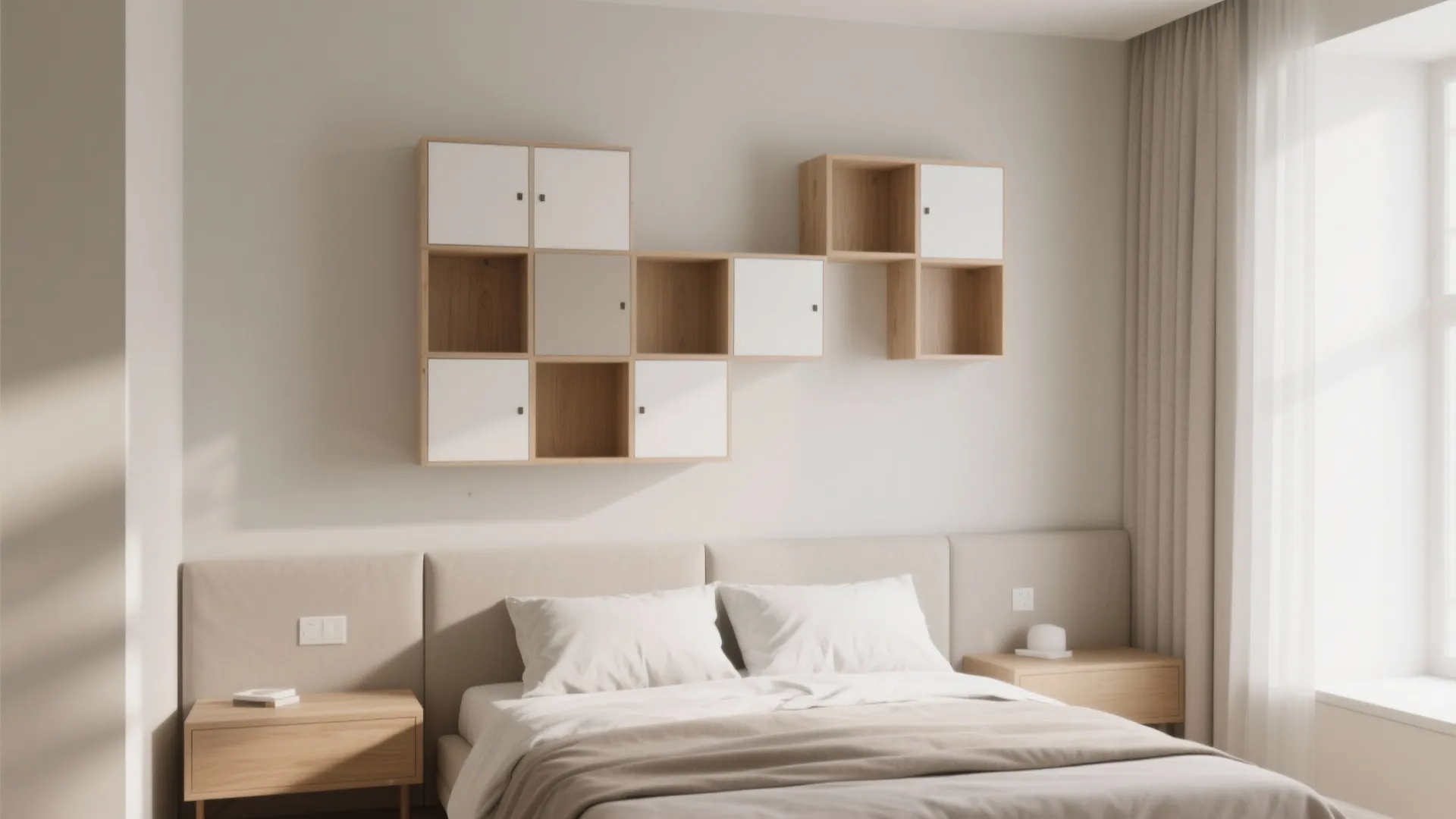 Minimalist bedroom with wall mounted square storage cubes above a soft grey headboard and bed