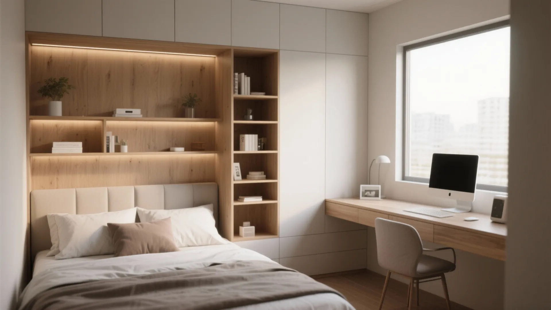 4. Built-in Headboard Storage & Desk