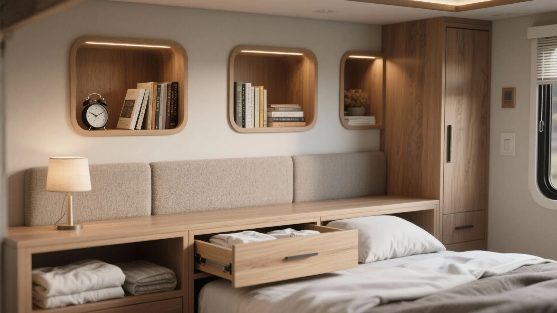 Modern wooden storage unit featuring light wall shelves books padded headboard and open storage drawer