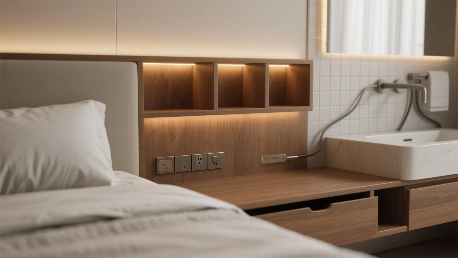 Built-in storage headboard meets vanity wall