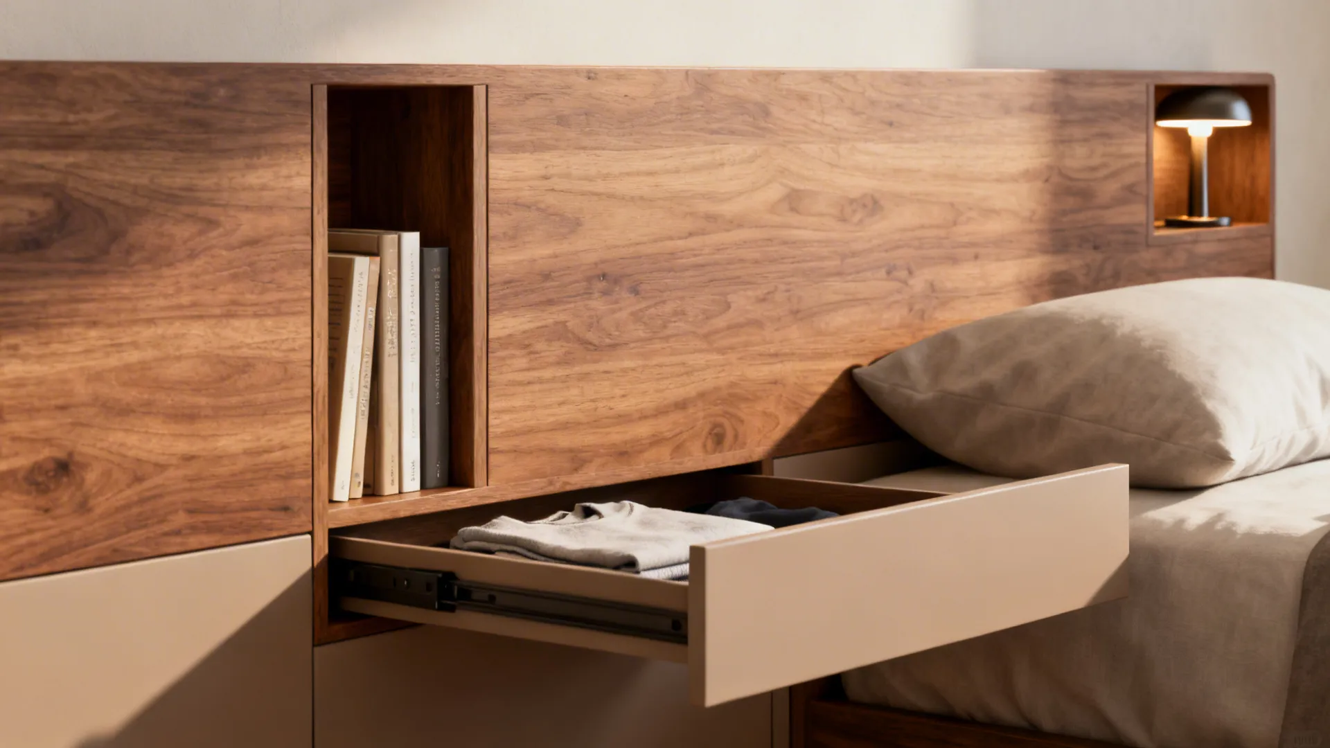Close-up of a built-in headboard with recessed shelves and hidden drawers in warm wood.