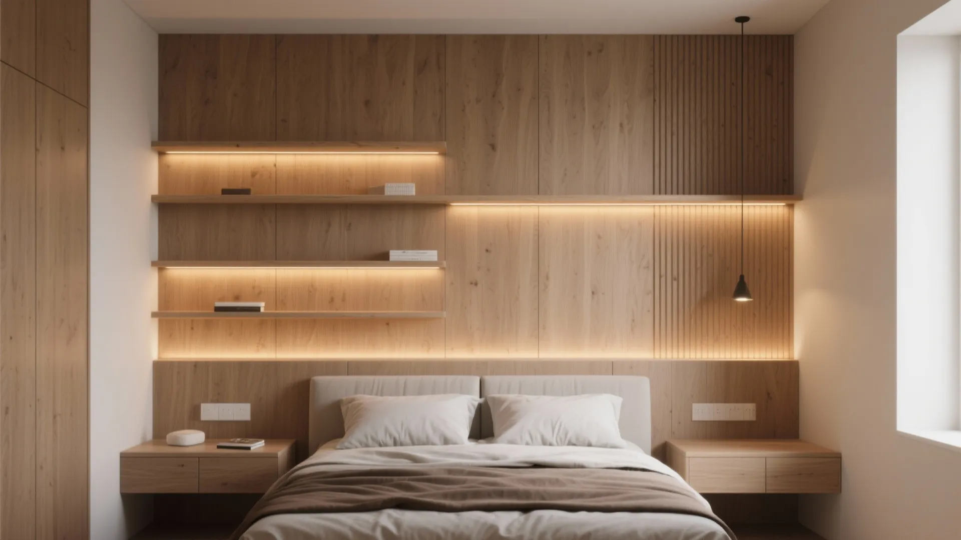 Bedroom with wood wall panel shelves featuring built in warm light above the comfortable bed