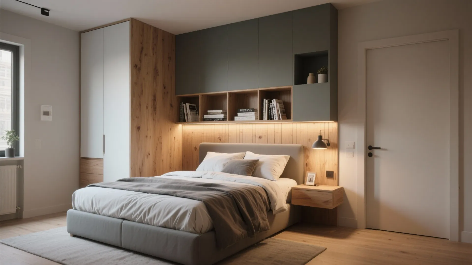 4. Bed with integrated headboard storage + compact wardrobe