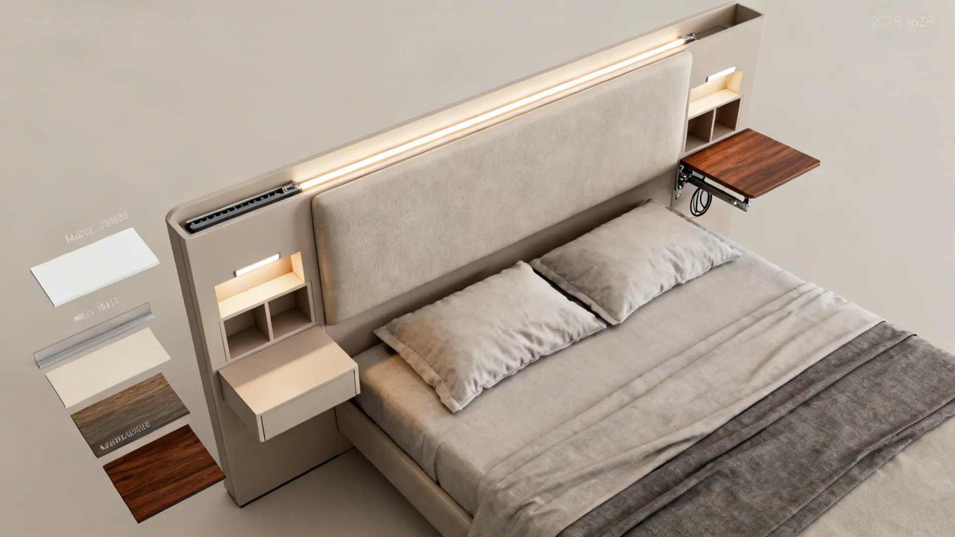 Flatlay of multi-functional headboard elements including recessed lighting, shelves, and fold-down desk samples.