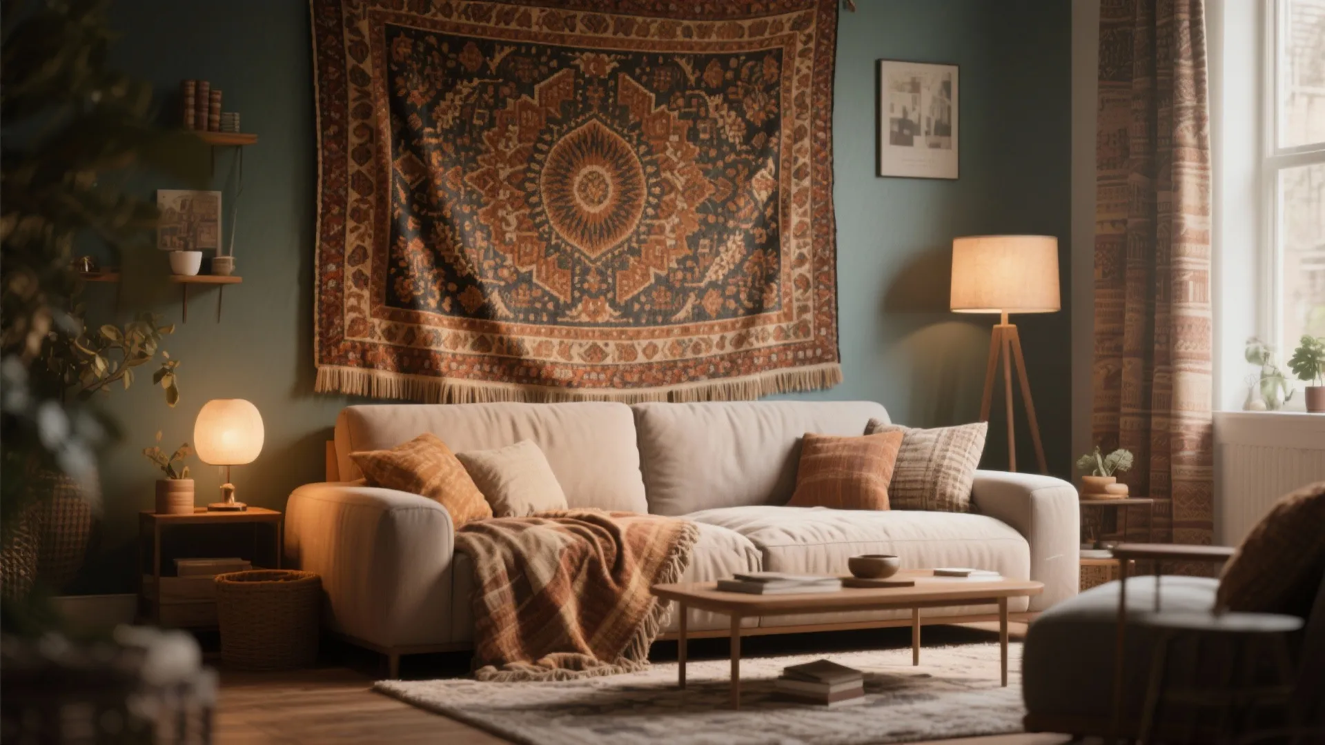 Tapestry used as a fabric headboard behind sofa bed