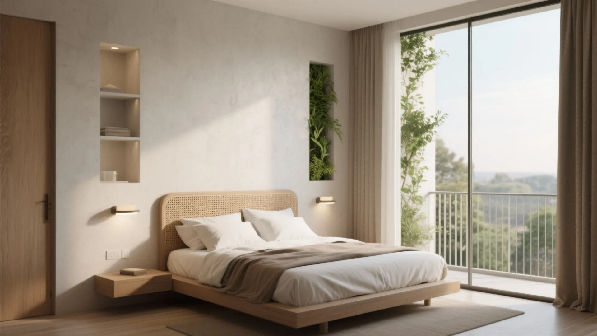 Minimalist bedroom with wooden bed frame white walls built in shelves and a balcony view