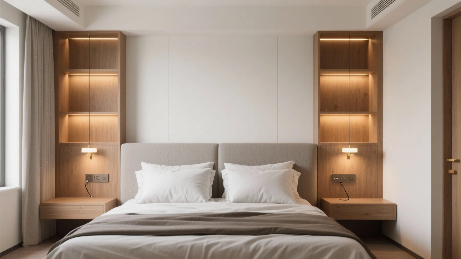 Headboard wall with integrated storage and lighting