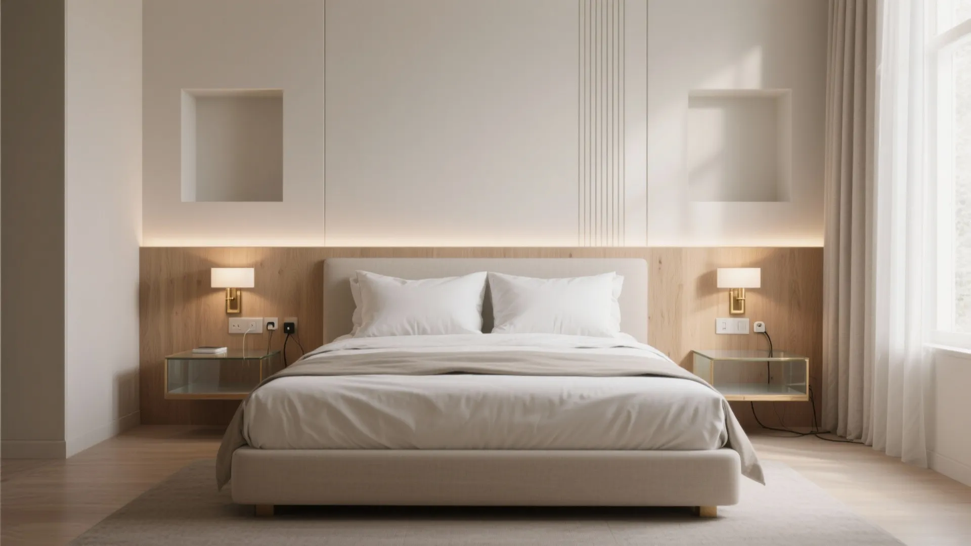 Headboard Wall with Built-In Storage and Floating Nightstands