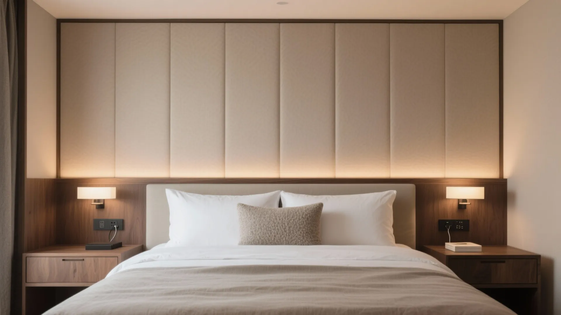 Modern bedroom with padded wall panel headboard warm lighting wood bedside tables and white pillows