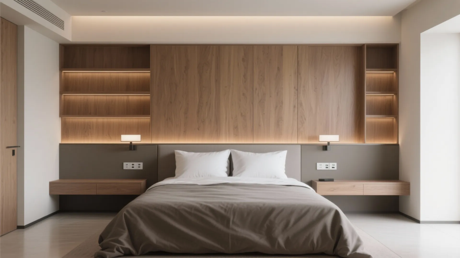 Modern bedroom with large wooden wall panel built in shelves white pillows and warm lighting