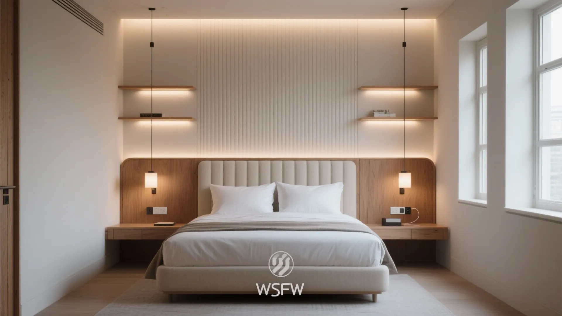 Modern bedroom featuring a cream bed wooden wall panels floating shelves and warm hanging lights