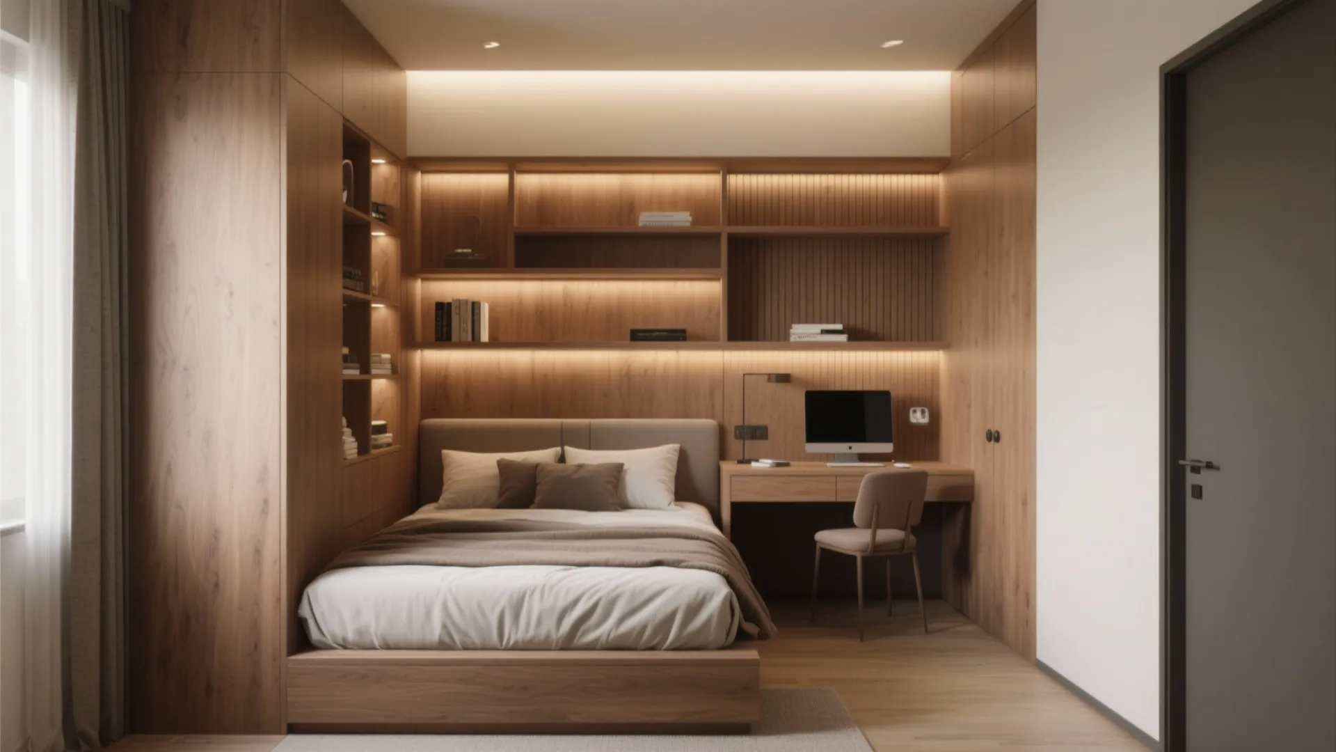 Small bedroom with a multifunctional headboard that includes shelving, recessed lights, and a compact desk to create distinct zones.