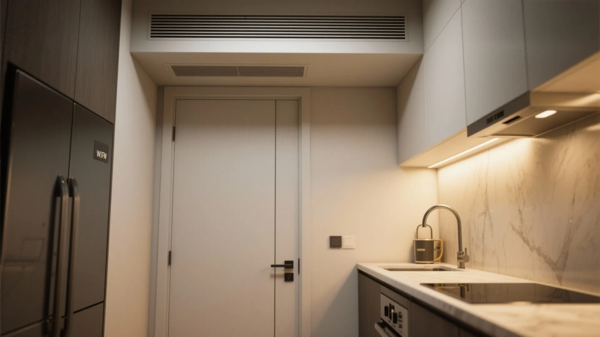 Modern kitchen interior with white cabinets marble backsplash sink faucet and air vent above door