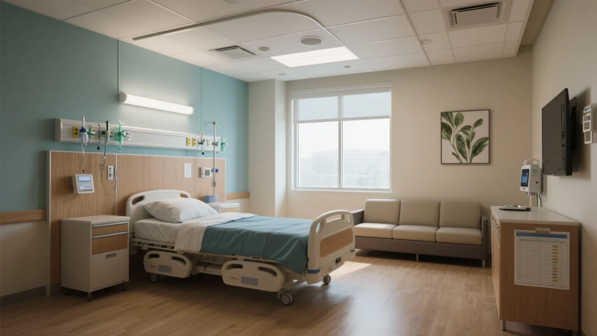 Modern medical room with blue wall, white bed, tan sofa, large window and wood floor