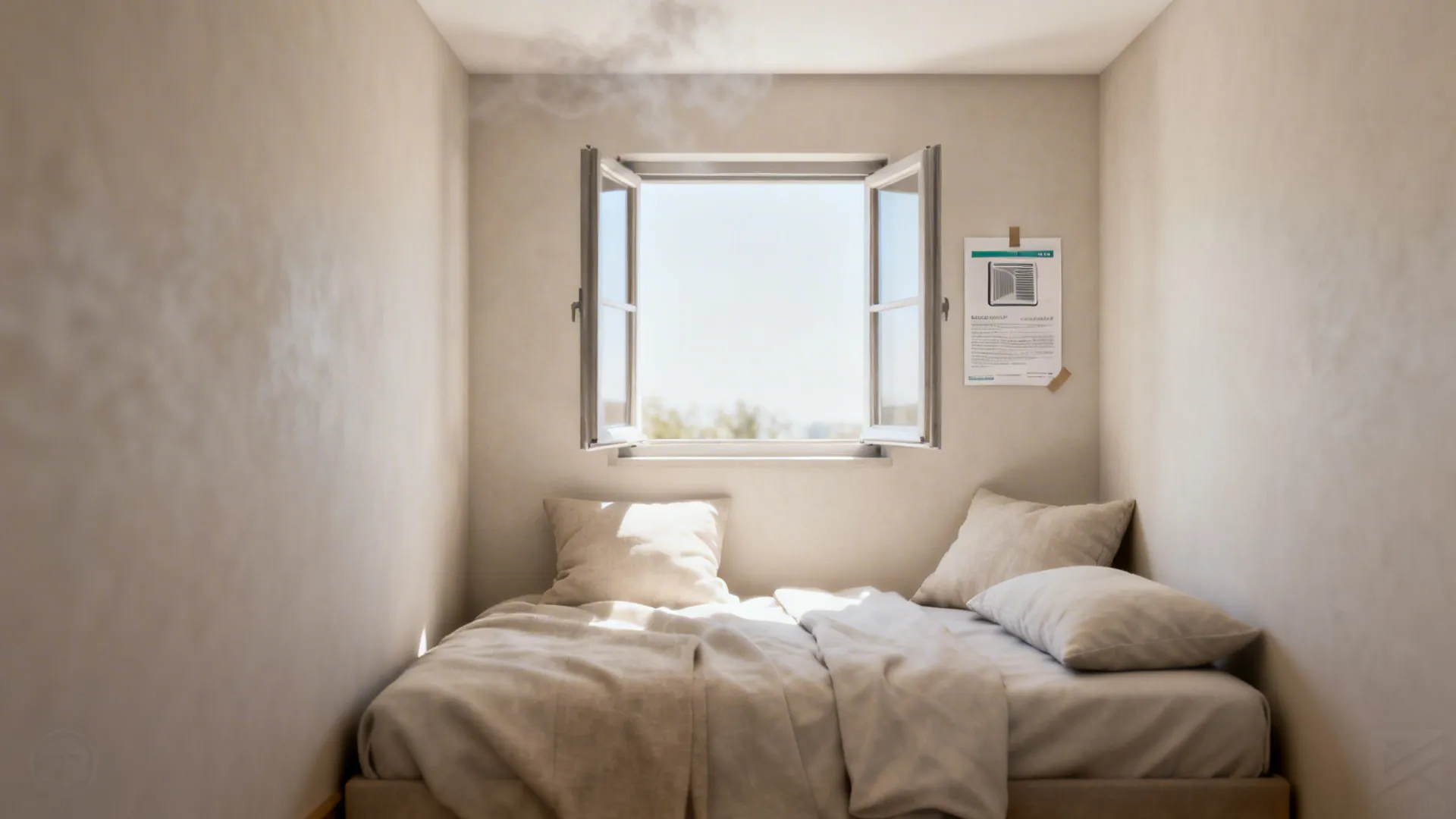 Small bedroom with light fabrics, open window, showing care for health and material impact from smoke.