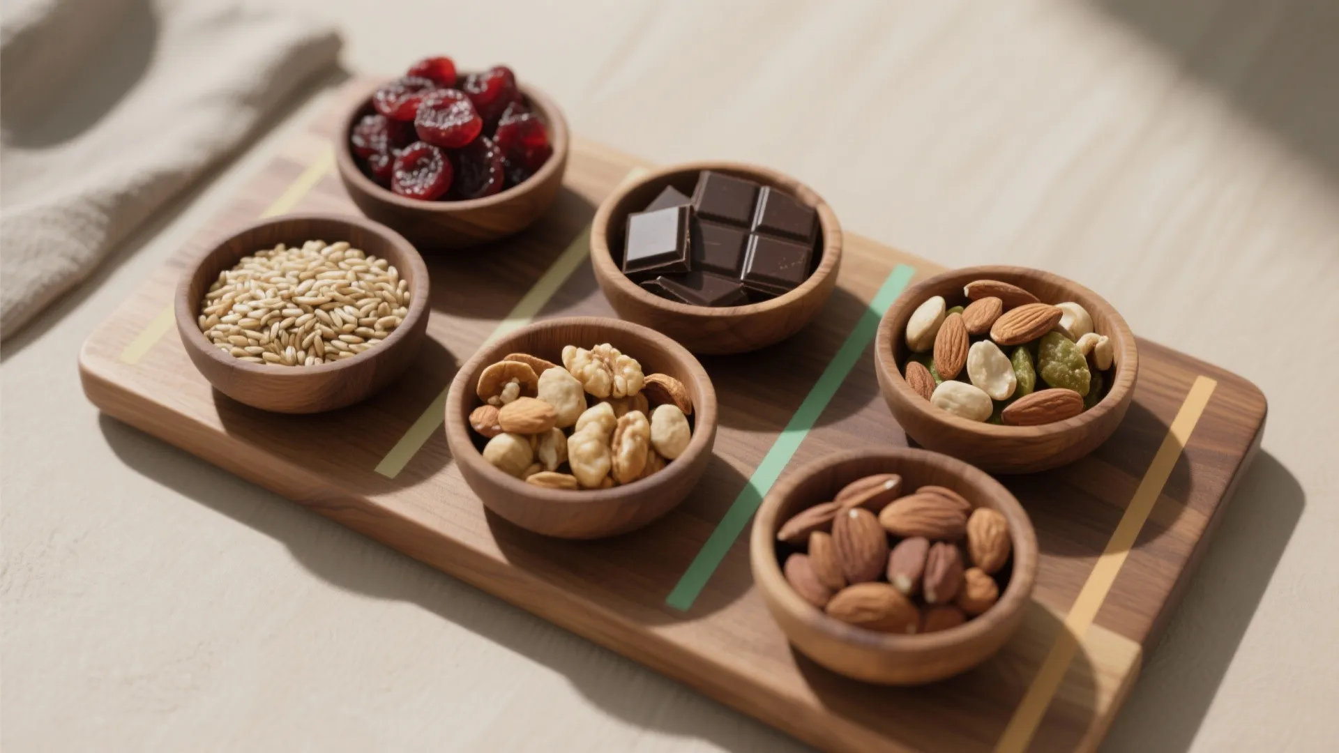 Six small wooden bowls containing nuts seeds dark chocolate and dried fruit on wooden tray