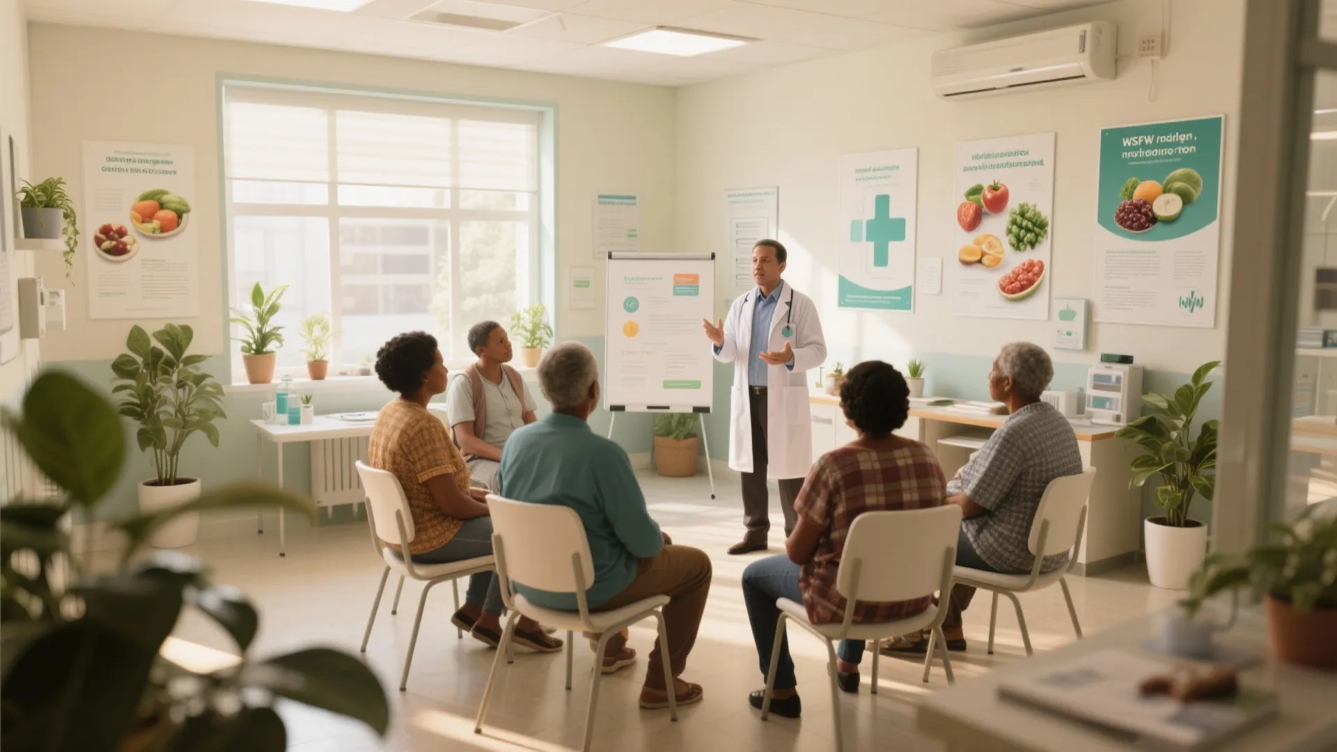 Doctor leading a health workshop in a bright room with five people sitting on chairs