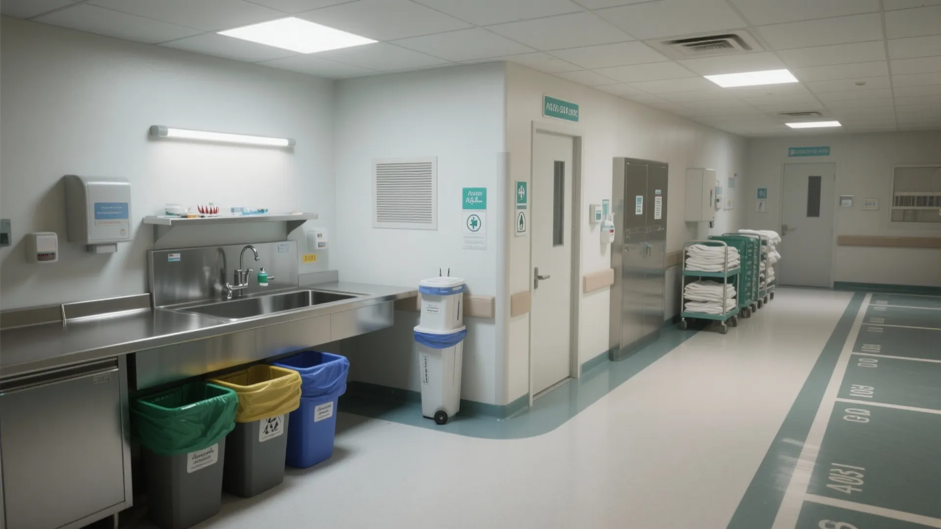 Bright hospital room with metal sink colorful trash cans white walls and a towel trolley