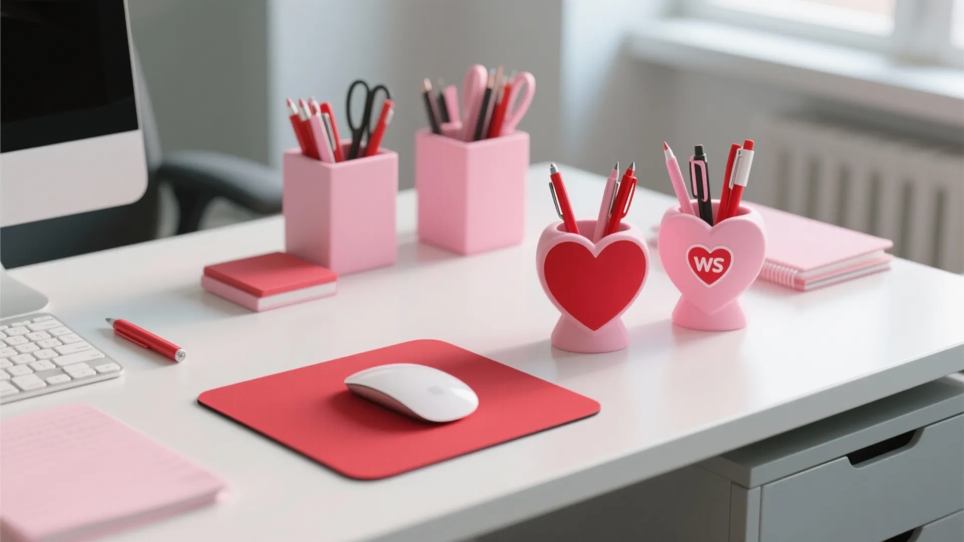White office desk with red mouse pad and pink heart shaped pen holders containing stationery