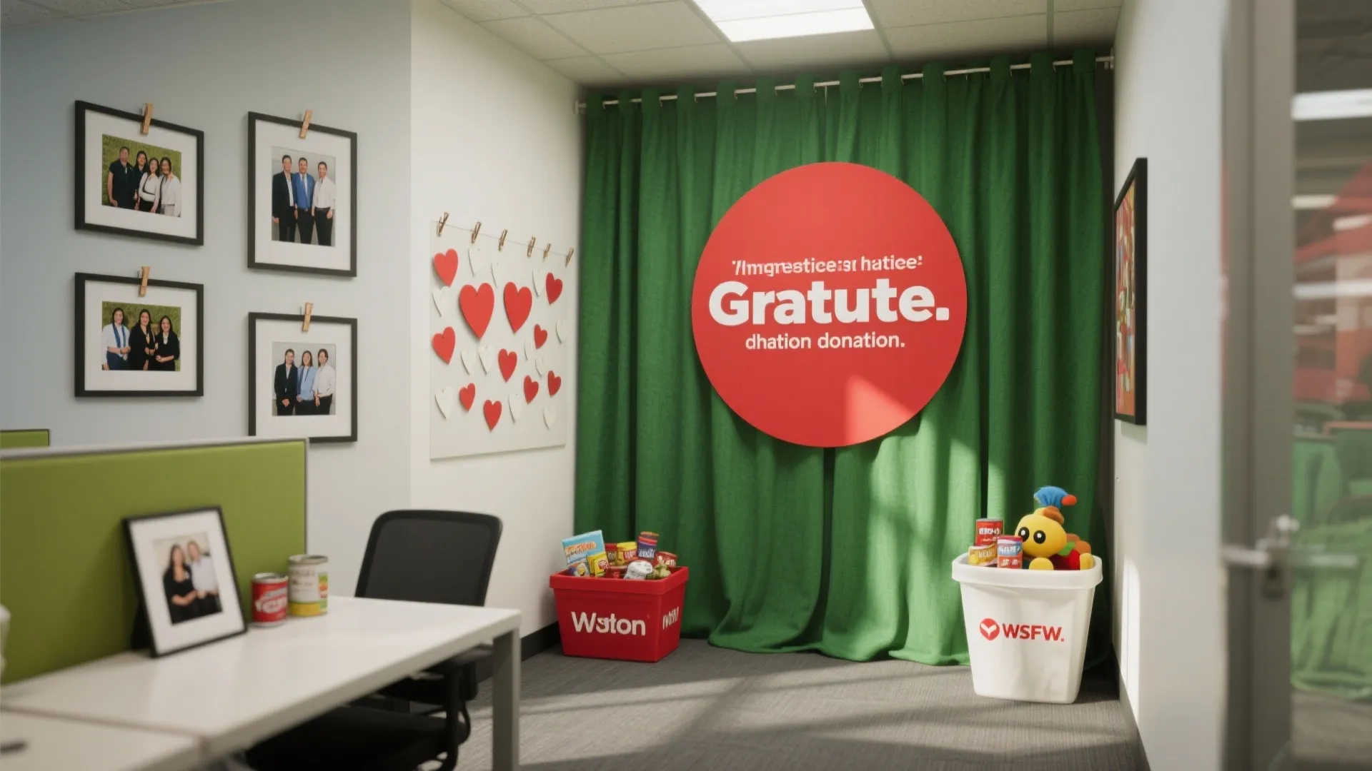 Office donation area with green curtain red circle sign heart wall decor and collection bins