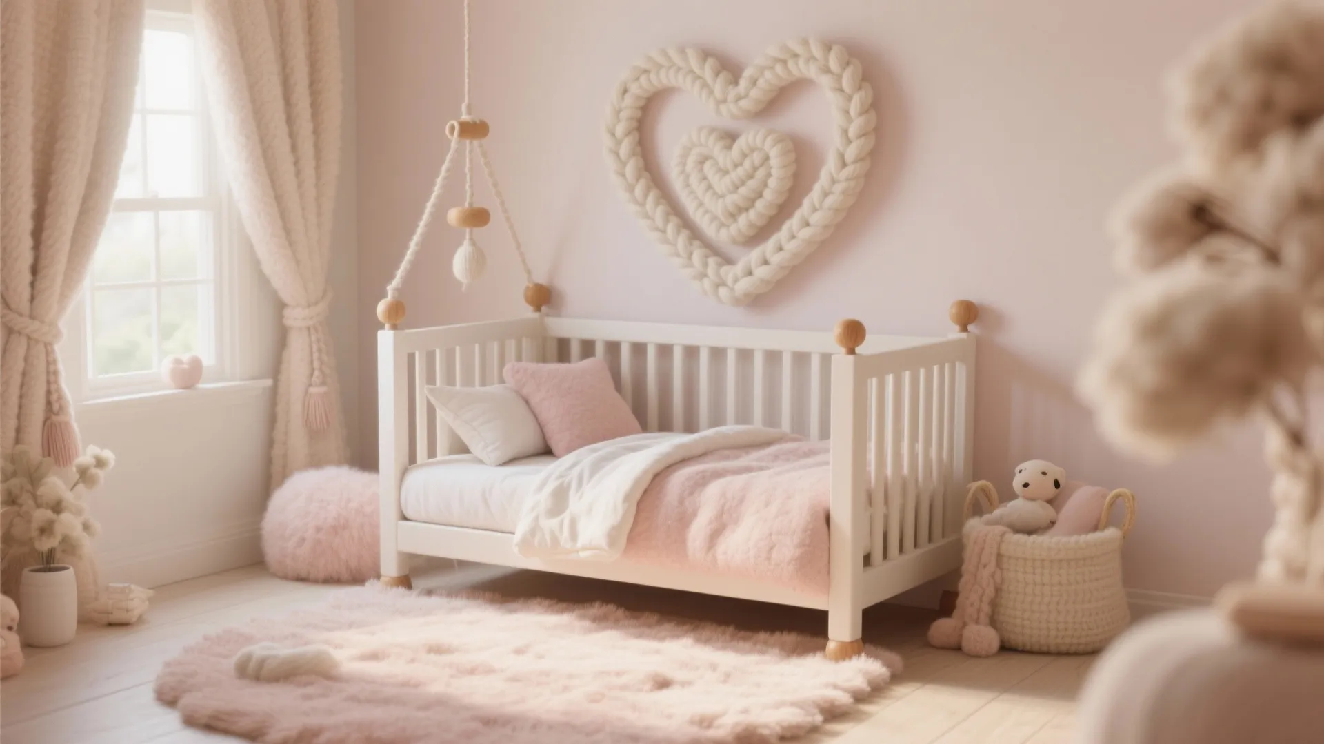 Baby nursery room with white crib pink bedding heart wall decor and soft pink rug