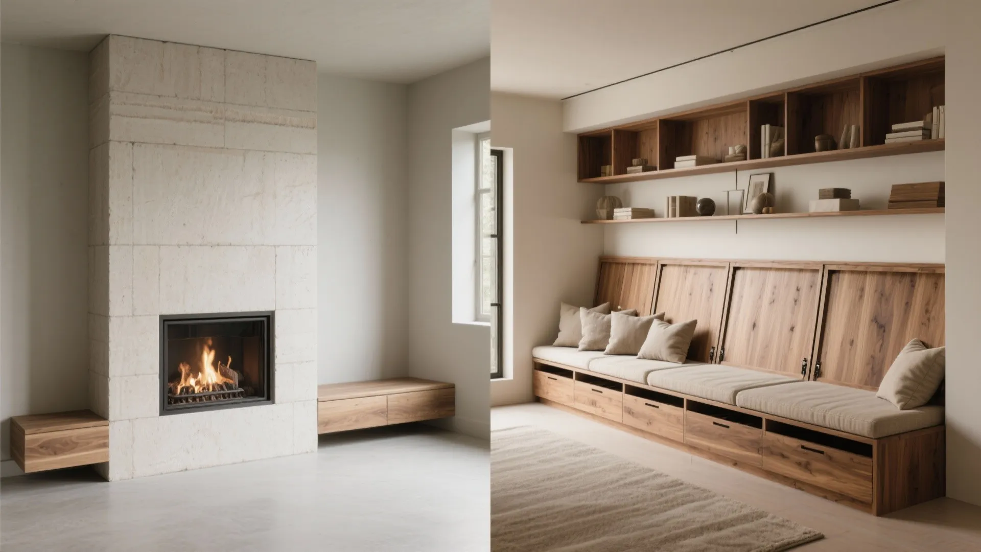 Before and after of a fireplace wall transformed with a low hearth bench that provides seating and hidden storage.