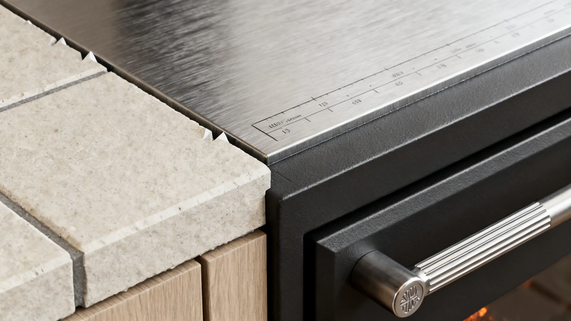Close-up of hearth materials and stove finish showing safe non-combustible surfaces.